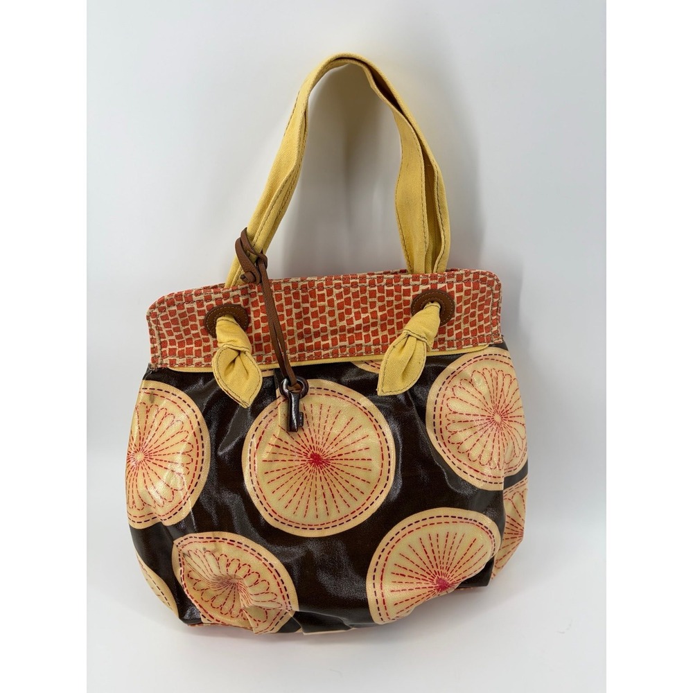 Fossil Key-Per Coated Print Handbag, Yellow Tie Handles, Signature Hanging Key